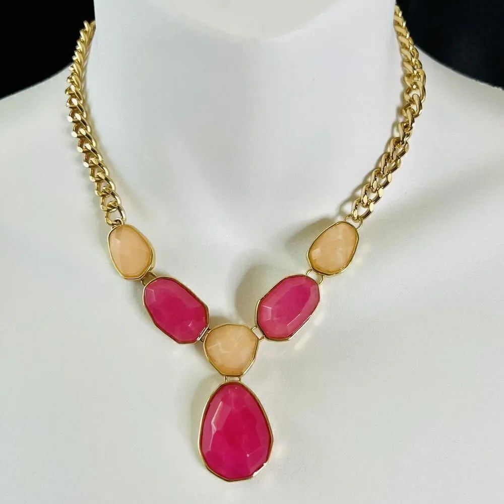Signed Gold Pink Peach Faceted Cabochon Statement Necklace Bib BEAUTIFUL 1358
